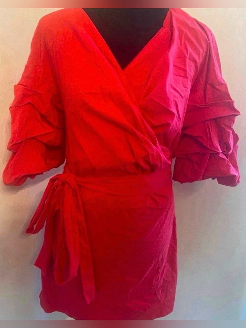 Brand New Red Wrap Dress with Ruffled Sleeve Tie Waist (Size M)